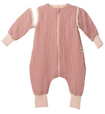 Mababu Ganzjahres Baby Schlafsack mit Füßen & abnehmbaren Ärmeln - 0.5 TOG - 100% GOTS - Bio Baumwolle - Ganzjähriger Kinderschlafsack mit Füßen- umklappbare Bündchen (Dusty Rose, 110cm)