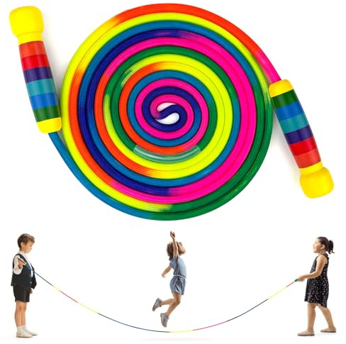 LeapBeast Saut Corde Groupes, 5M Corde à Sauter Longue, Poignée en Bois Antidérapantes Corde de Coton Colorée Jump Rope Corde à Sauter Longueur Réglable pour Enfants (Poignée arc-en-ciel, 1 pièce)