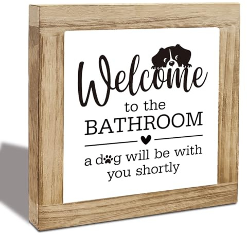 Funny Bathroom Decor, Interesting Wood Decoration for Restroom, Welcome to The Bathroom A Dog Will be with You Sign, Indoor Bathrooms Toilet Wood Box Sign, Gifts for Dog Lovers 5.9X5.9X0.7inches