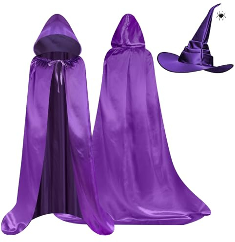 AUYAO Halloween Set di Mantelli, Mantello con Cappuccio da Vampiro per Bambini Adulti, 2 Pezzi Unisex Lungo Mantello con Ragno Cappello per Festa Carnevale Masquerade(100CM, Viola)