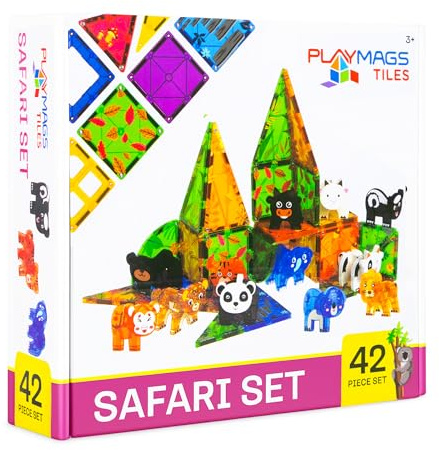Playmags Animal Safari Magnetic Tiles for Kids - 42 Piece Set | Stacking & Building Blocks for Toddlers | Educational STEM Toy & Jungle Animal Figures