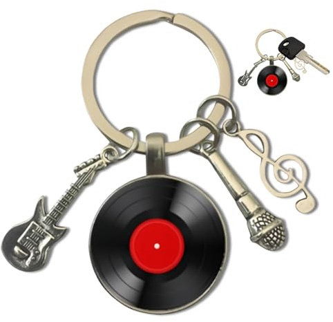Libenxue Record Keychain, Classic Guitar Record Keychains Microphone Note Music Symbol Music Lovers Gifts for Cell Phone, Wallet, Guitarists, Singers, Car Pendant (Black)