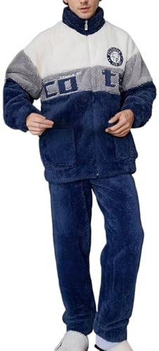 Pigiama Uomo Invernale Set,Pigiama Uomo Pile Corallo Caldo con Zip Spessa Pigiami Due Pezzi con Tasche Maniche Lunghe Taglie Forti Pigiami Morbidi E Caldi Pigiamas con Vita Elastica per Casa