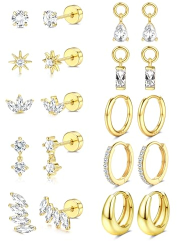 Ohrringe Gold Ohrstecker Silber Wasserfest | 14K Vergoldet Medizinische Ohrstecker Chirurgenstahl Creolen Piercing Ohr Gold | Conch Tragus Piercing Set Helix Piercings Goldene Ohrringe Damen