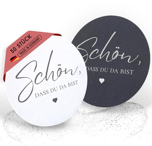 EV® Bierdeckel Pappe - 50 Stück, Graphit-Schwarz [Schön, DASS du da bist] | Hochwertige Getränkeuntersetzer mit Doppelseitigem Design - Made in Germany - Ideal als Tischdeko für Geburtstag & Feste