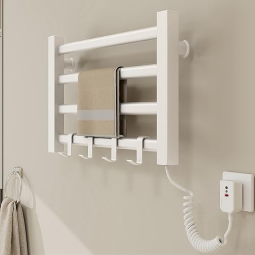 QJHSSM Radiador Toallero Eléctrico Bajo Consumo, Toallero Eléctrico Calefactado para Baño, Montado en Pared, Secador de Toallas con Termostato Integrado, 4 Barras y Ganchos-White