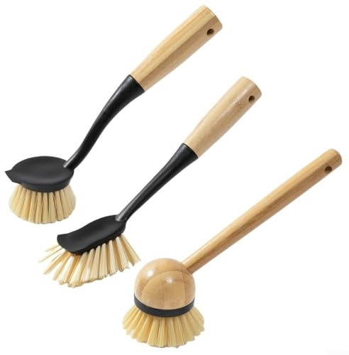 JoyousMall Kitchen Dish Brush Set, 3 Pcs Wooden Long Handle Bowl Pot Pan Brush Household Cleaning Tool Natural Bristle for Washing Up Scrubbing(Black)