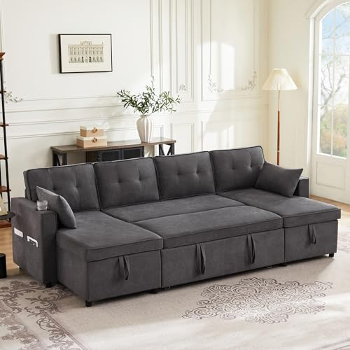 OPODEE Schlafsofa U-Form mit Bettfunktion & Stauraum, Ausziehbare Wohnlandschaft mit Getränkehalter, Modernes Ecksofa für Wohnzimmer, inkl. 2 Kissen, Baumwoll-Leinen, Metallrahmen, 270x130cm