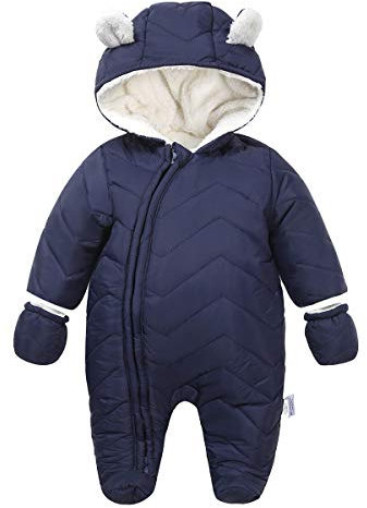 DINGDONG'S CLOSET Bébé Garçon Fille Hiver Matelassée à Capuche Combinaisons de Neige Snowsuit avec Gants(Bleu foncé,12-18Mois)