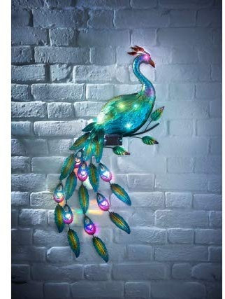 Solar Wall Peacock Light Art LED Power Metal Garden Ornament Decoration