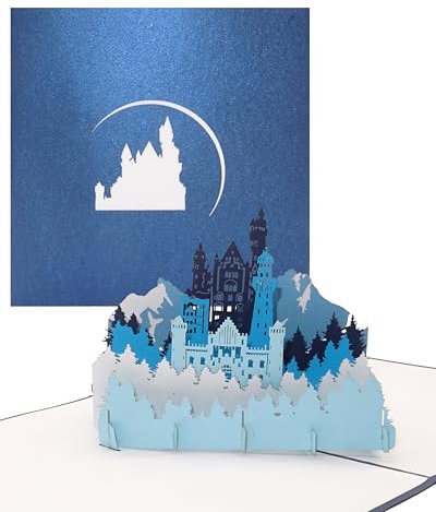 Pop-Up Karte „Bergpanorama & Schloss“ 3D Grußkarte mit Modell German Castle als Souvenir, Geschenk, Weihnachtskarte & Einladung zum Wandern