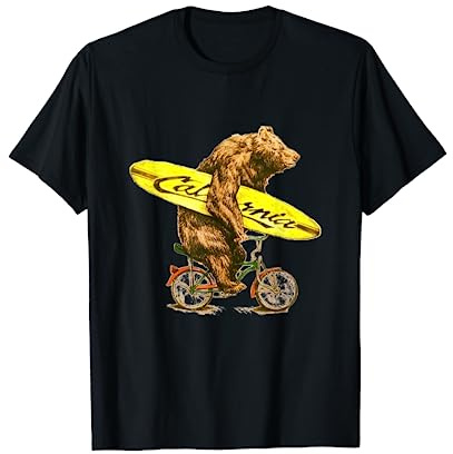 Lustiger Bär auf Fahrrad mit Kalifornien Surfboard T-Shirt
