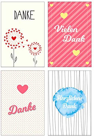 4 Stück Premium Dankeskarten (Klappkarten) mit 4 Umschlägen, Danke, Dankeschön, Karten, Dankekarten, Hochzeit, Geburt, Baby, Taufe, Abschied, Geburtstag, Jubiläum