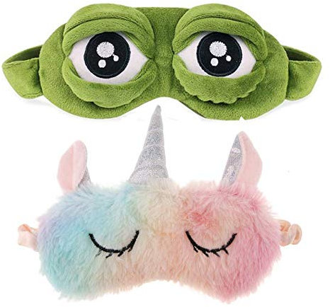 Schneespitze 2 Stück Cartoon Premium Schlafmaske,Einhorn Schlafmaske,Rainbow Unicorn Schlafmasken,Frosch Augenmaske Blackout Brille,Plüsch Schlafmaske Schlafmasken für Erwachsene, Kinder