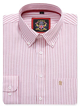 Mens Long Sleeve Shirt Oxford Button Down,Authentic Oxford Crease Free Fabric,16 Plain Colors and Matching Striped Designs.Casual or Smart Work Attire (Stripes Red, 2XL)