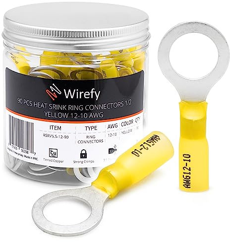 Wirefy 90 PZ Connettori Occhiello M12 - Kit Terminali Anello Termoretraibili - Capicorda Elettrici Crimpare - Giallo 4-6 mm²
