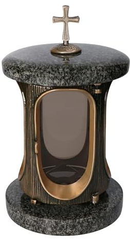 Stilvolle Grablaterne Elégant Granit Impala Black Höhe 28 cm/Ø 15 cm Grableuchte Grablicht Grablampe Granitlampe Granitlaterne Bronze mit Sockel Grabschmuck