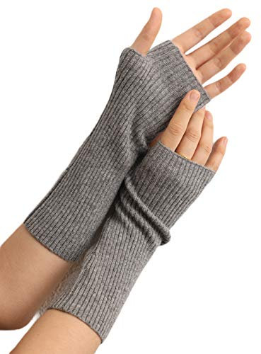 Prettystern Damen mid-lange Kaschmir-Wolle Pulswärmer Arm-Stulpen fingerlose Ripp gestrickt Handschuhe Grau