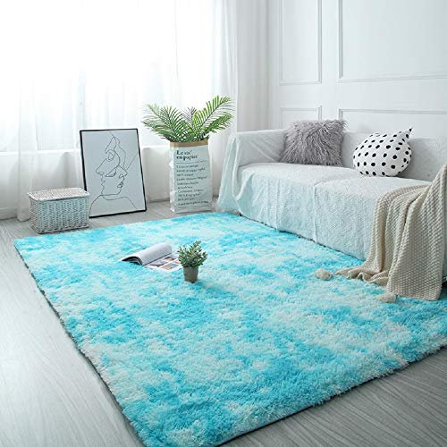 Tinyboy-hbq Teppich Wohnzimmer Schlafzimmer Rund Modern Design Shocky Lange Borsten Runde Innen rutschfest Dekor Ultra Weich Plüsch Haus Kinderzimmer Teppiche,Blau Weiß,185x185cm