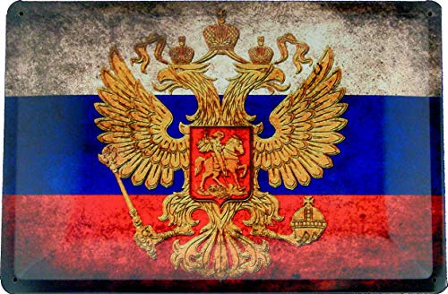 Blechschild 20x30 Flagge Russland russische Föderation Faschisten Kriegsverbrecher mit Wappen Slava Ukraine Used Look im Retro Nostalgie Vintage Design CCCP UDSSR Soviet Moskau