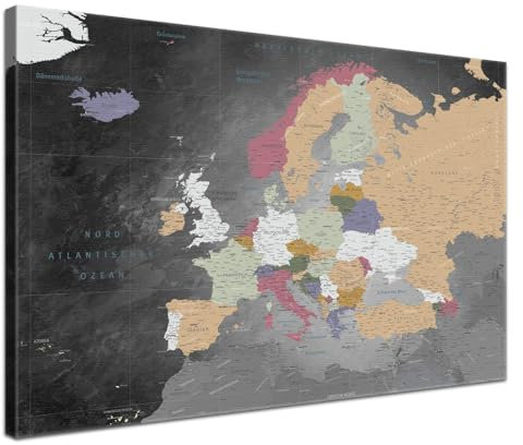 LANA KK - Premium Pinnwand Europakarte - Schiefer Grau - Deutsch - in 120 x 80 cm, stabile Rückwand zum Pinnen inkl. Starterkit - Leinwand-Kunstdruck Wandbild Landkarte XXL