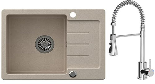 VBChome Spülbecken Granit Beige mit Armatur 60 x 44 cm Einzelbecken Einbauspüle gesprenkelt reversibel Verbundspüle + Siphon Waschbecken Armaturen mit schwenkbarem und ausziehbarem Auslauf