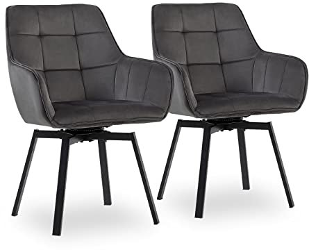 CLIPOP Esszimmerstühle Drehbar Set mit Armlehne, Samt Polsterstuhl Gepolstert Sitz Küchenstuhl Drehstuhl Armlehnenstuhl für Esszimmer Wohnzimmer Büro (2er Set, Samt Dunkelgrau)