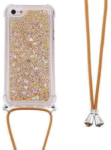 Handykette Handyhülle für iPhone 6S Plus / 6 Plus Hülle,Glitzer Quicksand kreatives Fließende Flüssigkeit schwimmt Silikon Case mit Umhängeband Handykordel Band Kette für iPhone 6S Plus,GS Gold Heart