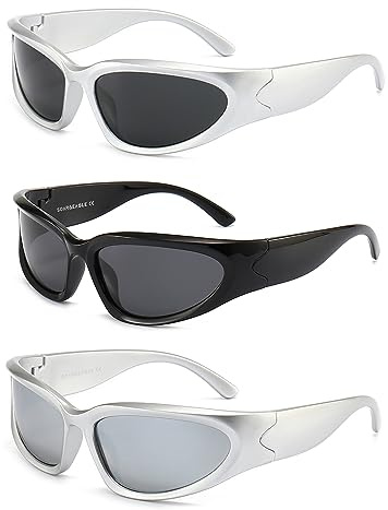 SOAR&EAGLE Y2K 3Pack Polarized sunglasses Men's sunglasses Women's sunglasses Fashion Sport Shades Sun Glasses（Silver frame gray sheet, Silver frame silver sheet, Bright black gray sheet）