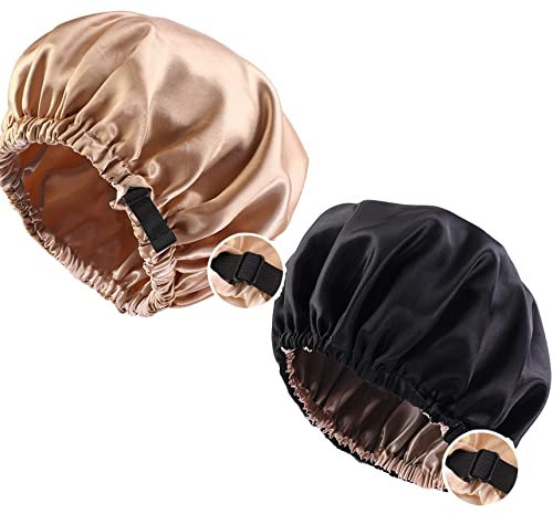 2 pcs Satin Schlafhaube Haar Mütze Mädchen Seidenmütze,Damen Lange Satin Mütze Schlafhaube Extra Große Satin Haarhaube Doppellagig Verstellbare schlafhaube haare schützen(schwarz+Khaki)