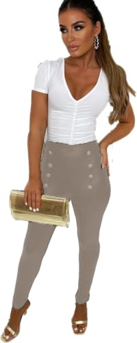 STAR FASHION Womens Wet Look Side Button Leggings Faux Leather Pants Ladies Gold Button High Waist Skinny Bottoms Legging Taupe 16-18