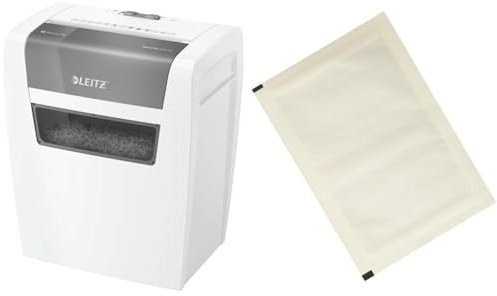Leitz IQ Home Partikelschnitt Aktenvernichter P4, 7-6 Blatt (70-80 g/m²) & Amazon Basics - Schmiermittelblätter für Aktenvernichter, 12er-Pack Automatisch, Mikroschnitt, Weiß