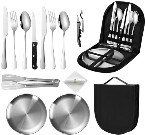 TFSZE 2 Personnes Vaisselle Camping,Inox Vaisselle Camping Ensemble de Vaisselle D'extérieur,12 Pcs Set de Couverts de Camping pour la Randonnée, L'escalade,Barbecues, Le Plein Air(Argent)