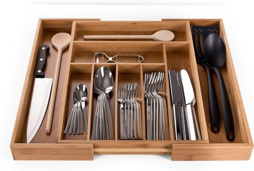Copper Top - Bamboo Cutlery Organiser Tray with 7-9 Compartments, Large Expandable Design for Kitchen Utensils and Office Supplies