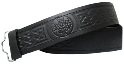 Tartancity Hochwertiger schottischer schwarzer Ledergürtel, Freimaurer, Distel, einfarbiger Kilt-Gürtel, echtes Leder, verstellbare Passform, geprägte Designs, ideal für formelle und legere Kleidung