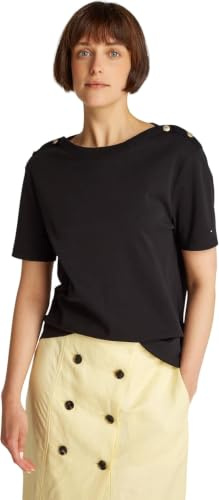 Tommy Hilfiger Damen T-Shirt Kurzarm Stripe Gold mit Knöpfen, Schwarz (Black), XS