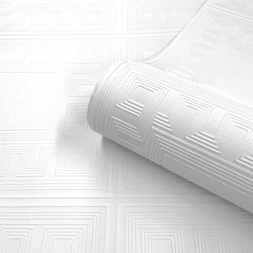 SOPHIE LAURENCE Richmond White Greek Key Panel Effect Embossed Paintable Wallpaper - Luxury Blown Vinyl, Washable, 0.53m x 0.53m Sample, Modern Textured Design for Any Room