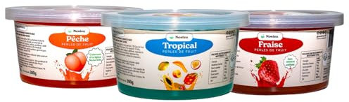 Nostea - Lot de 3 Pots, Perles Bubble Tea Tropical, Mangue, Fraise - Popping Boba, Sans Gluten - Perles au Jus de Fruit pour pour Thé, Boissons - Fabrication Française - 3x 450 gr
