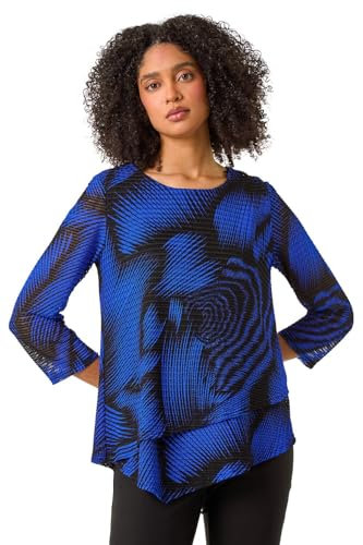 Roman Originals Women Hanky Hem Tunic Ladies Top Asymmetric Hemline Blouse Double Layer Mesh Overlay Jersey Stretchy Summer Spring Flattering 3/4 Sleeve Smart Casual Work - Royal Blue - Size 16