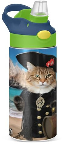 SKYSHU Botella de agua de gato pirata para niños, 350 ml/340.2 g, a prueba de fugas, doble pared, aislada, botella de agua de acero inoxidable, vaso de viaje con tapa de popote para niñas y niños