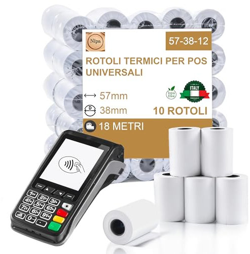 Nipa | 10 Kassenrollen 57 mm x 18 Meter x 12 mm, hochwertiges Thermopapier für Bank-Quittungen, ideal für Sumup, Nexi, Nexa und andere kompatible POS-Terminals, BPA-frei (10)