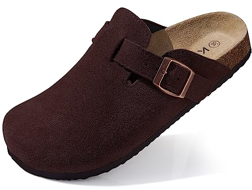 shevalues Genuine Suede Clogs for Women Cork Footbed Mules Sandals Coffee