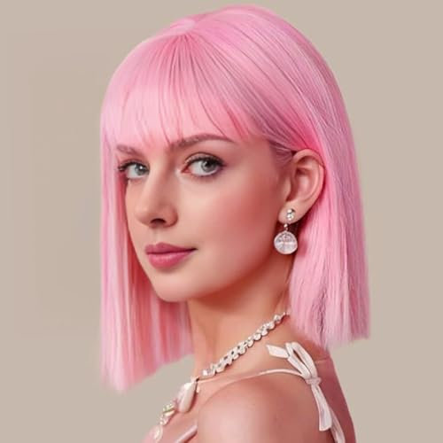 PARXITN Kurze Bob Rosa Haar Perücken Gerade mit Flach Pony 12 zoll/30 cm Synthetische Bunte Cosplay Tägliche Party Perücke für Frauen