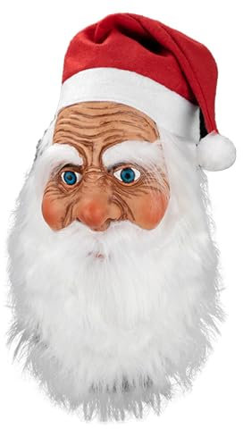 Flkiglm Weihnachtsmann Maske mit Glattem Weißem Bart, Weißen Augenbrauen, Roter Mütze - Latex Kopfmaske für Weihnachten