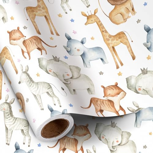 RUSPEPA Dschungeltier-Geschenkpapierrolle für Jungen und Mädchen, Mini-Rolle, süßes Safari-Design mit Elefant, Giraffe, Zebra, Löwe, Geschenkpapier für Kindergeburtstage, 43,2 cm x 5 m.