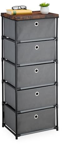 Relaxdays Kommode, 5 Stoffschubladen, Metall, Holzoptik, 105 x 43 x 33 cm, Wohnzimmer, Flur, Beistellkommode, grau/braun
