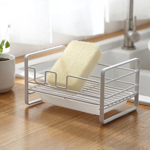 Sink Caddy, Sponge Holder for Kitchen Sink Dish Sponge Holder with Groove Design Iron Kitchen Sponge Holder, Detachable Sponge Storage Rack, Anti Slip Soap Drain Holder for Home