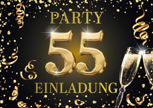 Edition Colibri Einladungskarten zum 55. Geburtstag, 10 Stück, Format A6, Karten-Set, Einladung, zum Beschriften, Party schwarz, gold (11177 DE)
