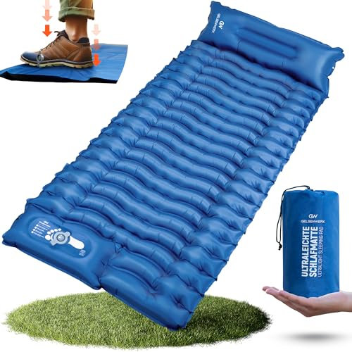 GELSENWERK Isomatte Selbstaufblasend mit Fußpumpe, Aufblasbare Schlafmatte Ultraleicht und kleines Packmaß, Camping Luftmatratze Outdoor mit Kopfkissen, zum Reisen, Wandern & Zelten