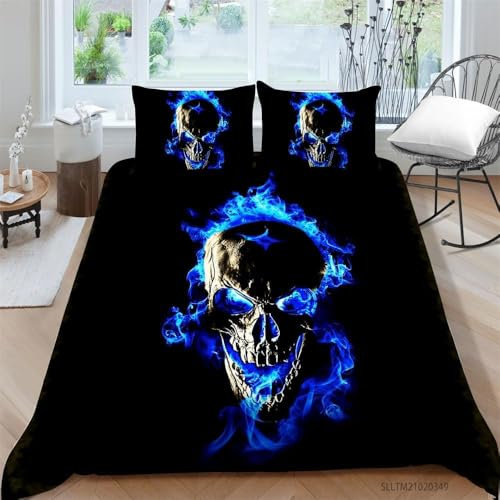 ZZTBQ Schwarz Bettwäsche 155x220 3teilig Totenkopf Kinderbettwäsche 1 Bettbezug 155x220 cm + 2 Kissenbezüge 80X80 cm, Lila Flamme Bettwäsche-Sets Polyester Mikrofaser mit Reißverschluss